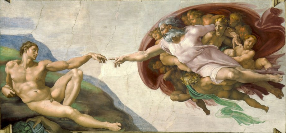 Michelangelo's Creation of Adam from the Sistine Chapel ceiling: Adam reclining at the left, God borne on the right in a cloud of figures, their hands almost touching at the centre.