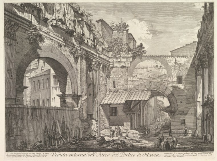 Etching of the interior atrium of the Portico of Octavia in Rome, its arch and columns standing above low buildings.
