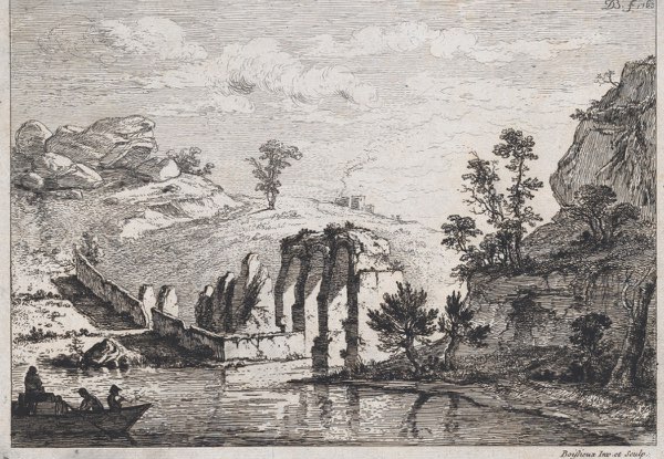 Etching of the ruins of a Roman aqueduct crossing a river, with figures in a boat below.