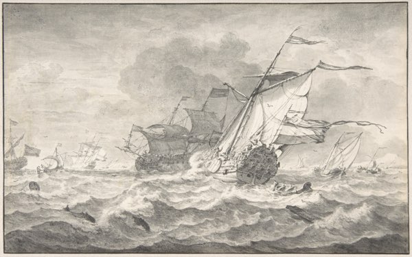 Drawing of merchant ships and smaller sailing boats running before a strong breeze in open water.