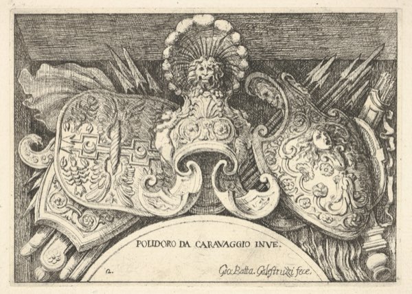 Engraved trophy of Roman arms: shields, a plumed helmet and weapons grouped as an architectural ornament.