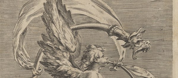 Engraving of a winged figure of Fame sounding a long trumpet, its bell cast as a beast's head.