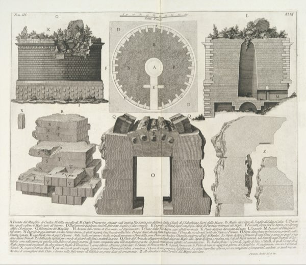 Engraved plan and sections of the Mausoleum of Caecilia Metella, drawn in fine outline with measured chambers and walls.