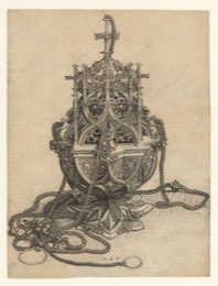 Engraved hanging censer with a pierced dome and suspension chains, set as a tailpiece.