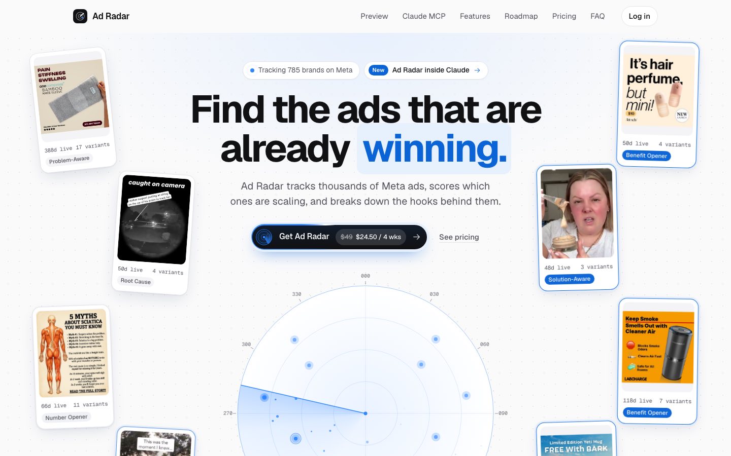 The home page of ad-radar.dev: Find the ads that are already winning