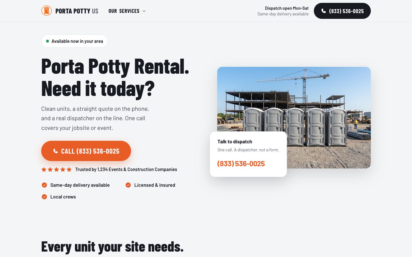 The home page of porta-potty.us: portable restroom rental, with a call button and a jobsite photograph